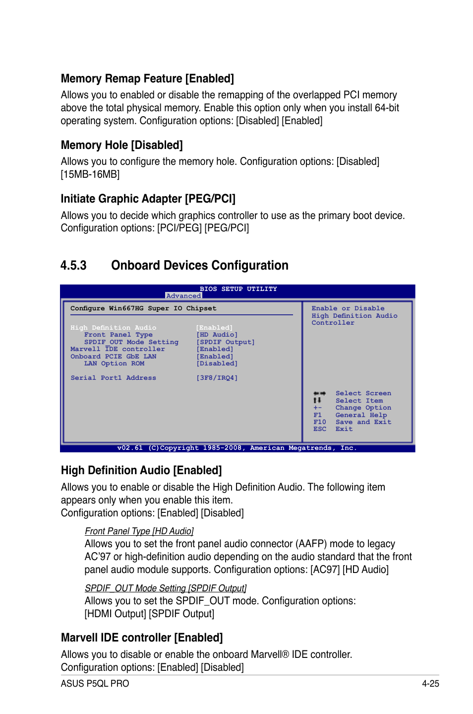 3 onboard devices configuration, Onboard devices configuration -25, Initiate graphic adapter [peg/pci | High definition audio [enabled, Marvell ide controller [enabled | Asus P5QL PRO User Manual | Page 87 / 148