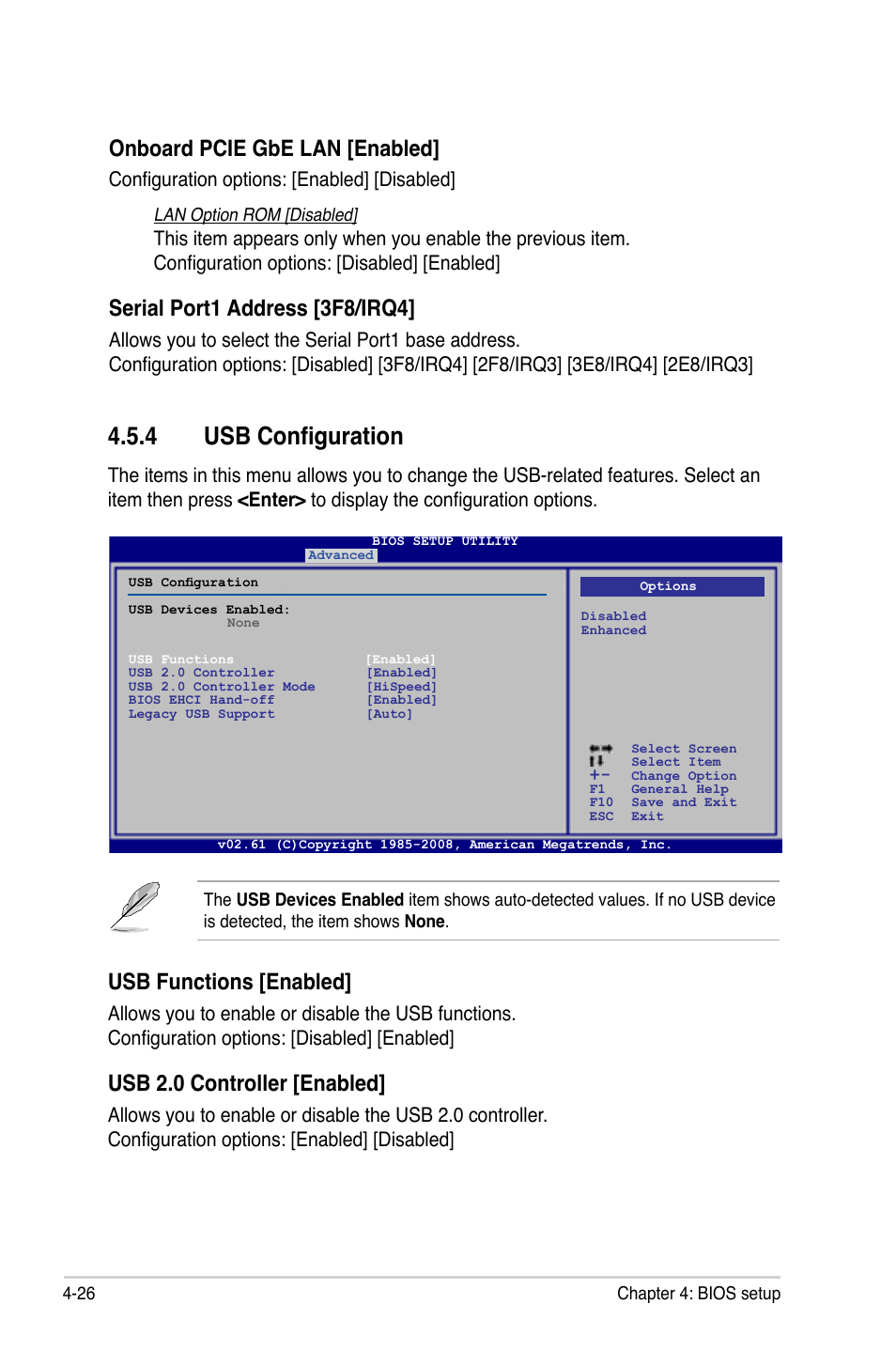4 usb configuration, Usb configuration -26, Onboard pcie gbe lan [enabled | Serial port1 address [3f8/irq4, Usb functions [enabled, Usb 2.0 controller [enabled, Configuration options: [enabled] [disabled | Asus P5QL PRO User Manual | Page 88 / 148