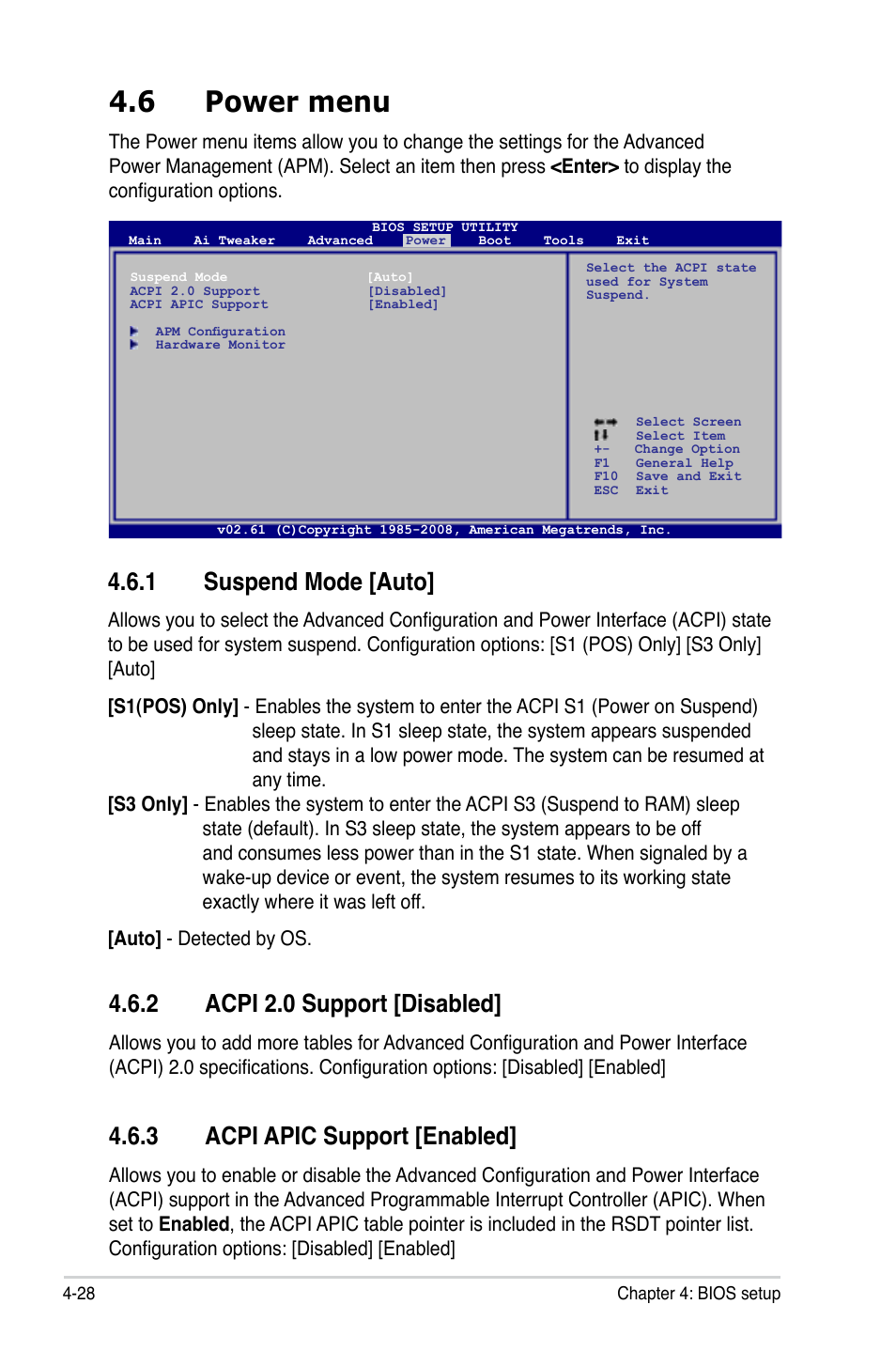 6 power menu, 1 suspend mode, 2 acpi 2.0 support | 3 acpi apic support, Power menu -28 4.6.1, Suspend mode -28, Acpi 2.0 support -28, Acpi apic support -28, 1 suspend mode [auto, 3 acpi apic support [enabled | Asus P5QL PRO User Manual | Page 90 / 148