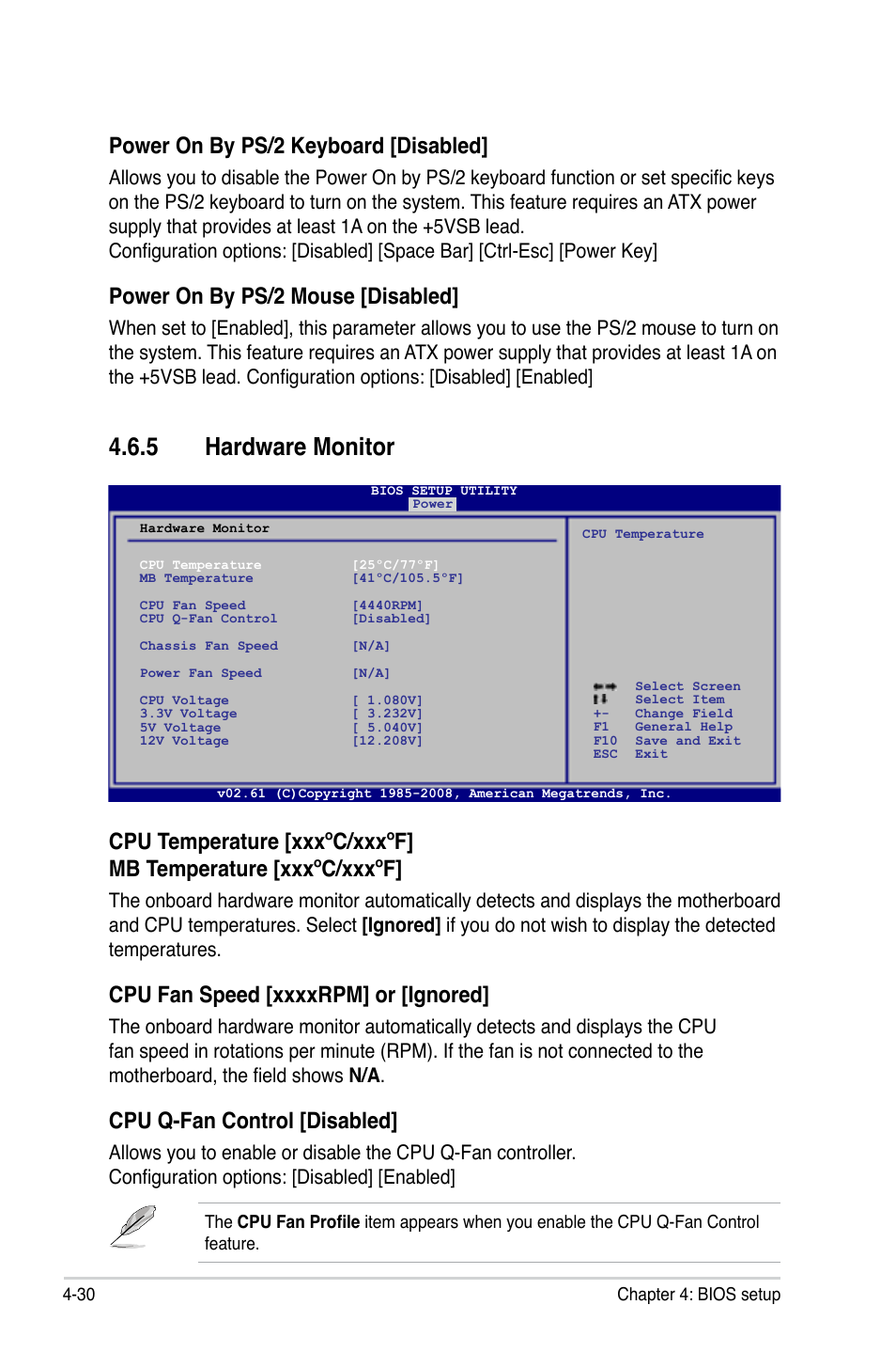 5 hardware monitor, Hardware monitor -30, Cpu q-fan control [disabled | Power on by ps/2 keyboard [disabled, Power on by ps/2 mouse [disabled | Asus P5QL PRO User Manual | Page 92 / 148