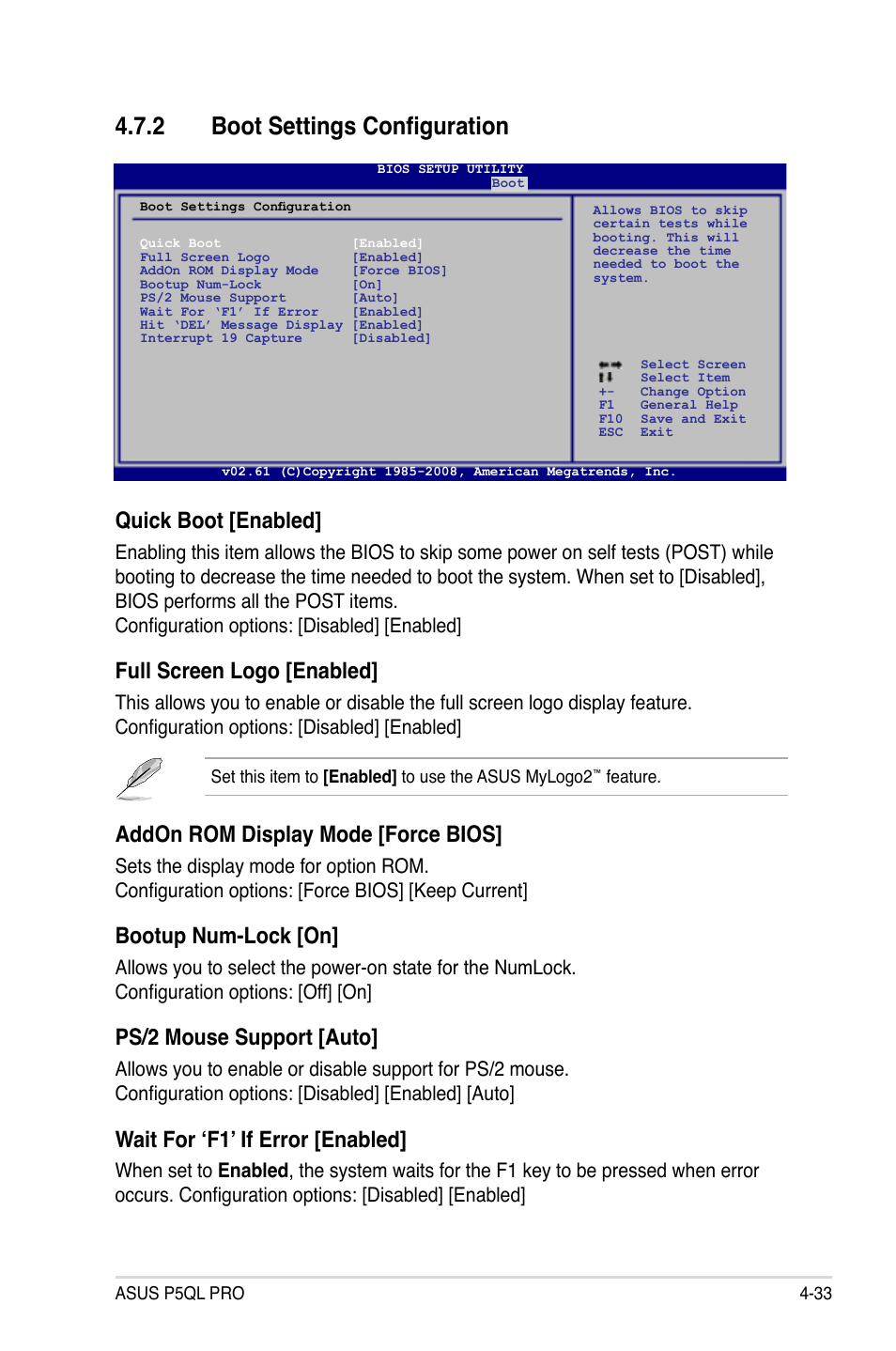 2 boot settings configuration, Boot settings configuration -33, Quick boot [enabled | Full screen logo [enabled, Addon rom display mode [force bios, Bootup num-lock [on, Ps/2 mouse support [auto, Wait for ‘f1’ if error [enabled | Asus P5QL PRO User Manual | Page 95 / 148