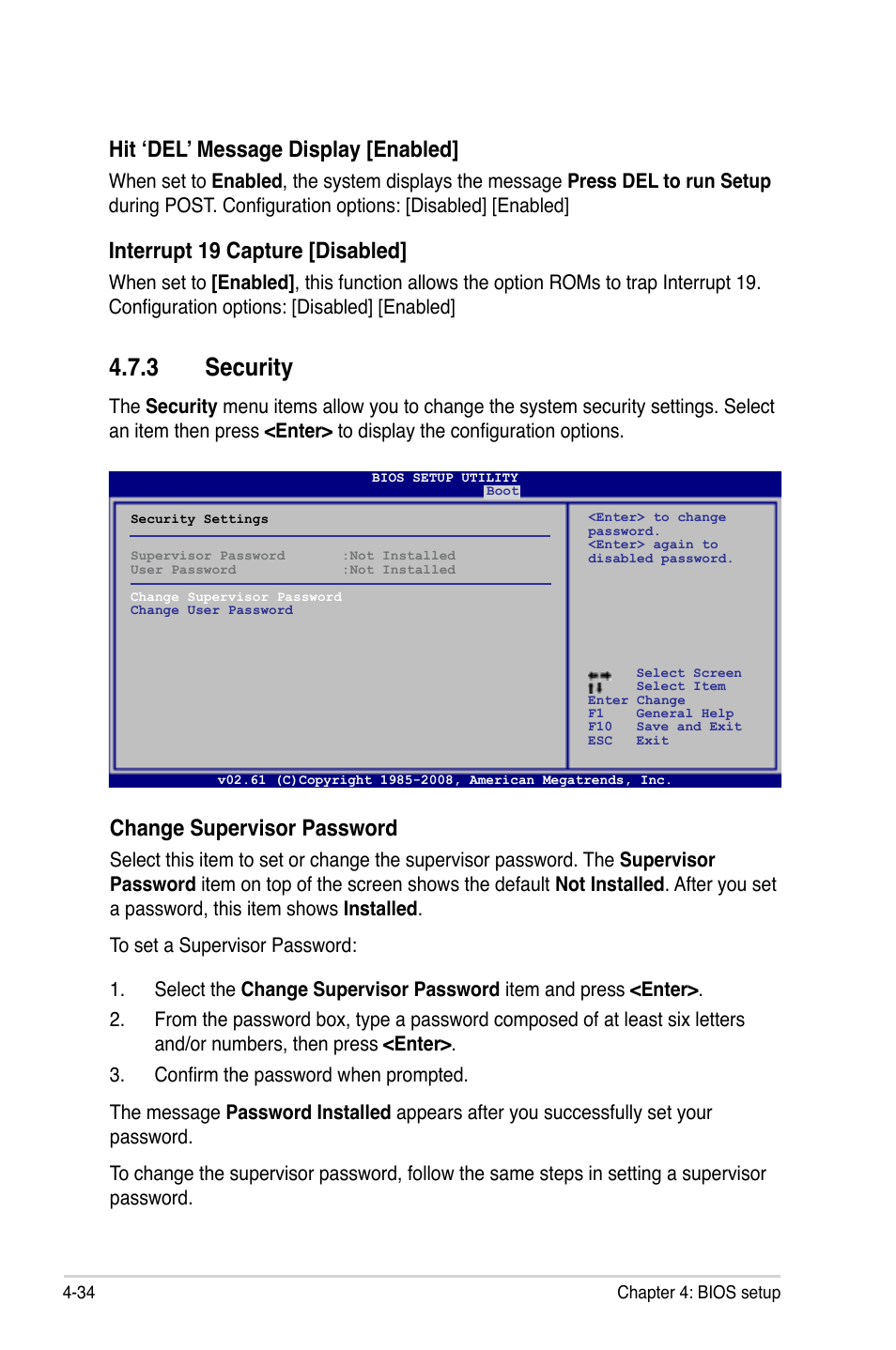 3 security, Security -34, Hit ‘del’ message display [enabled | Interrupt 19 capture [disabled, Change supervisor password | Asus P5QL PRO User Manual | Page 96 / 148