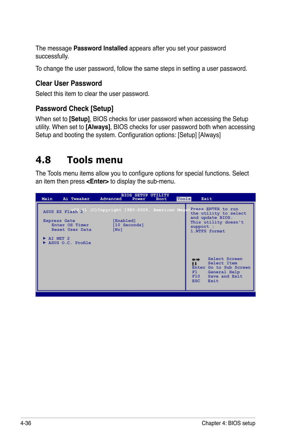 8 tools menu, Tools menu -36, Clear user password | Password check [setup, Select this item to clear the user password | Asus P5QL PRO User Manual | Page 98 / 148