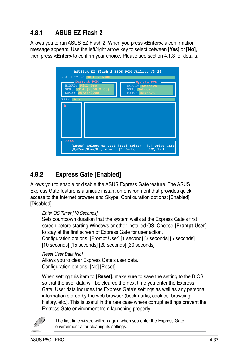 1 asus ez flash 2, 2 express gate, Asus ez flash 2 -37 | Express gate -37, 2 express gate [enabled | Asus P5QL PRO User Manual | Page 99 / 148