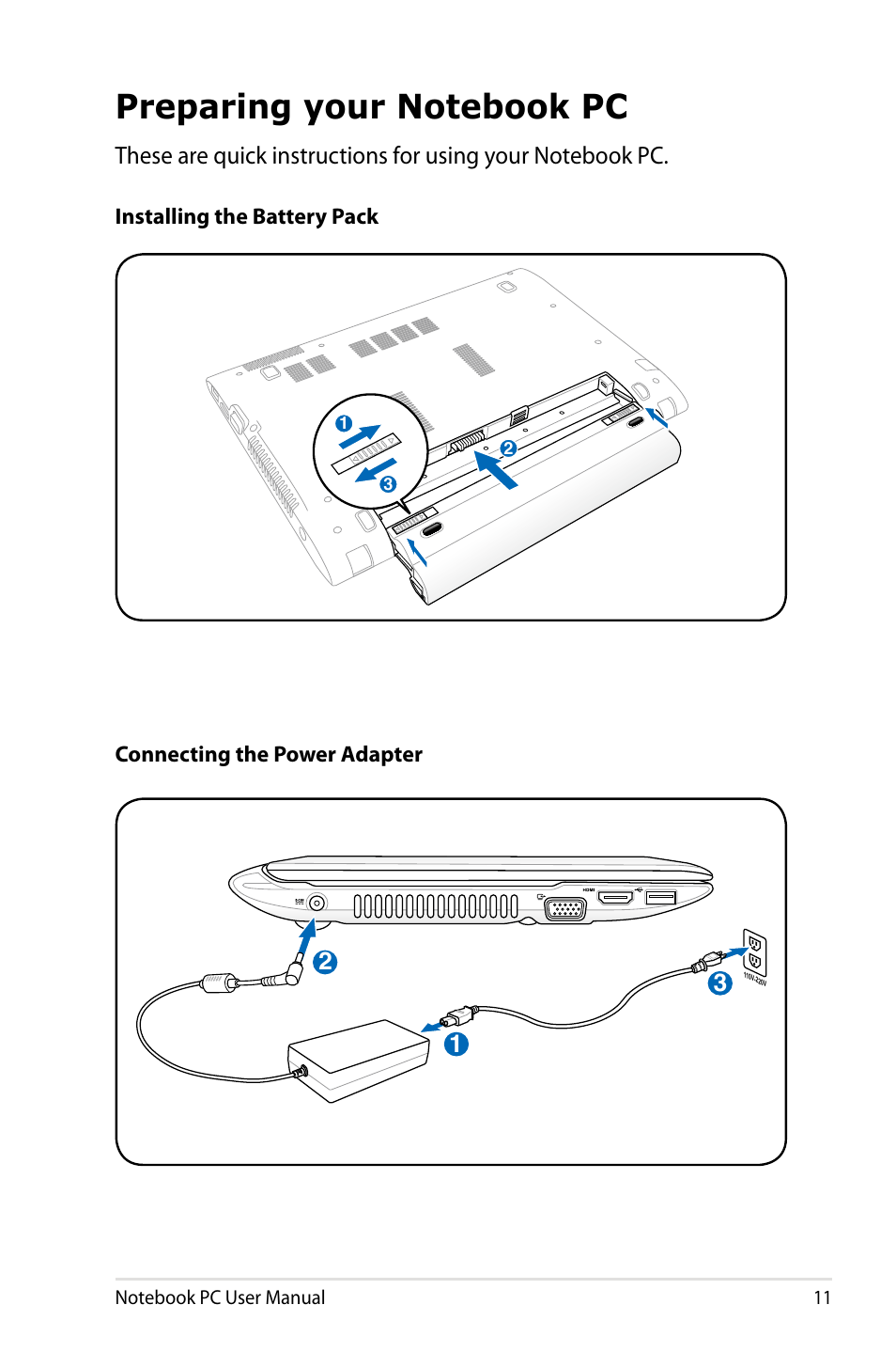 Preparing your notebook pc | Asus X24E User Manual | Page 11 / 100