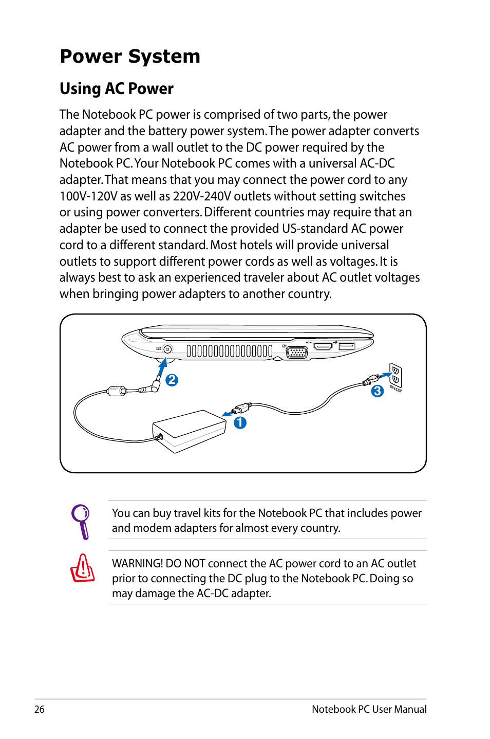 Power system, Using ac power | Asus X24E User Manual | Page 26 / 100