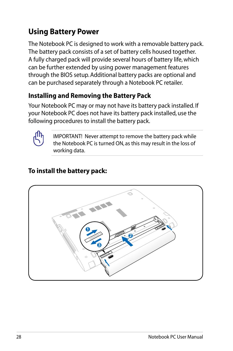 Using battery power, Installing and removing the battery pack | Asus X24E User Manual | Page 28 / 100