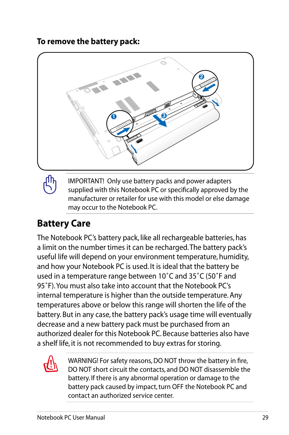 Battery care | Asus X24E User Manual | Page 29 / 100