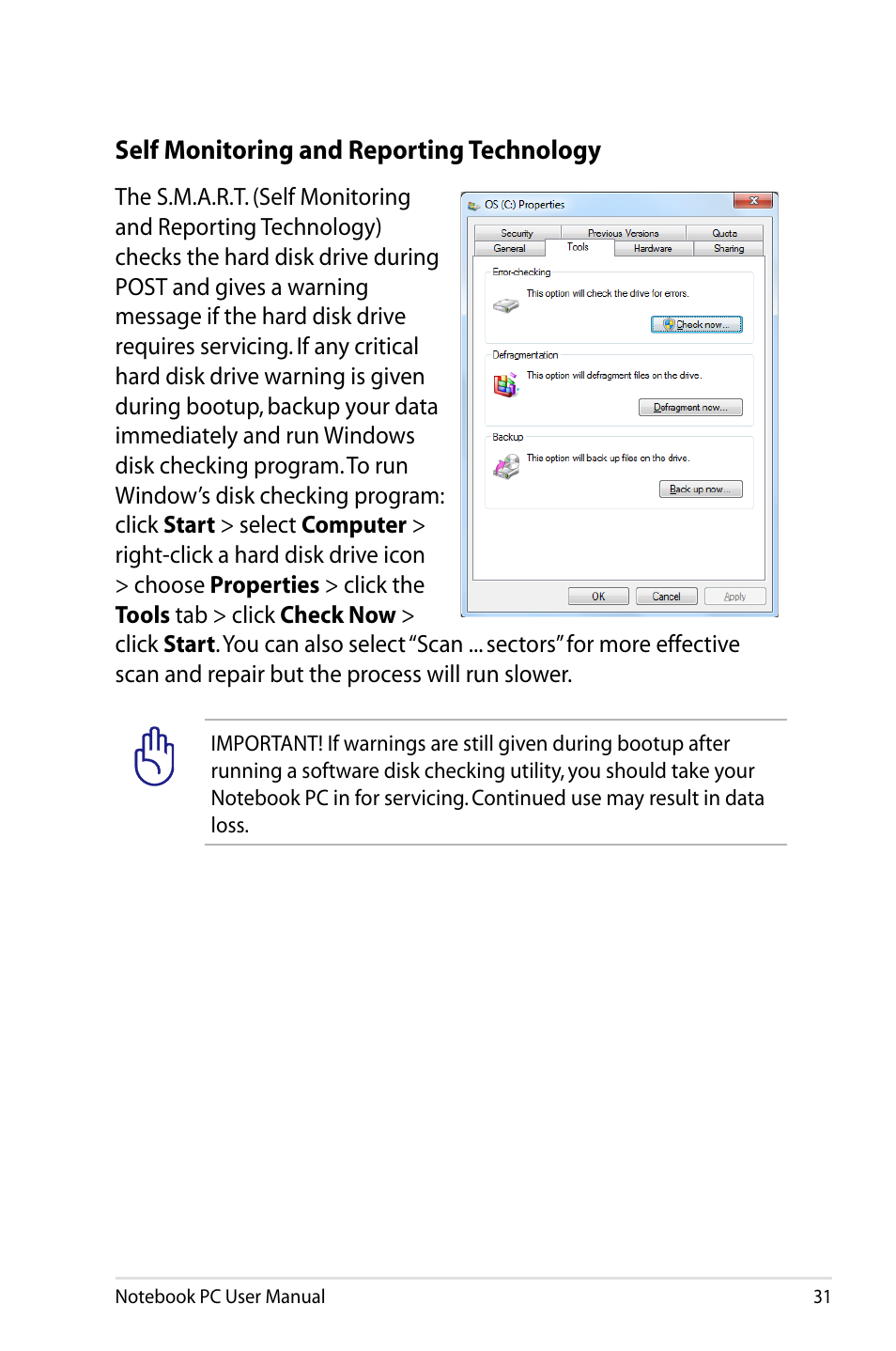 Self monitoring and reporting technology | Asus X24E User Manual | Page 31 / 100