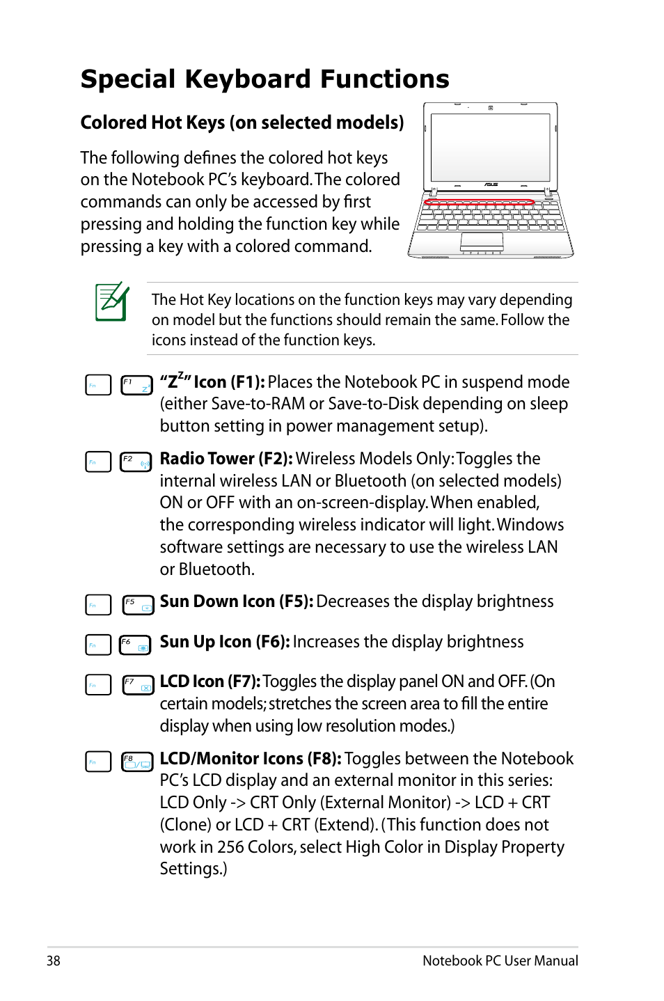 Special keyboard functions, Colored hot keys (on selected models) | Asus X24E User Manual | Page 38 / 100