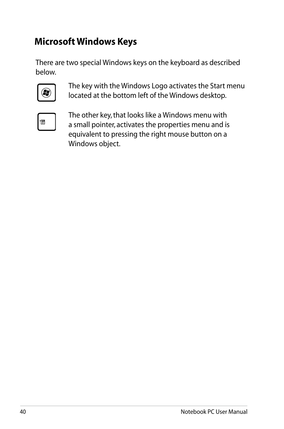 Microsoft windows keys | Asus X24E User Manual | Page 40 / 100