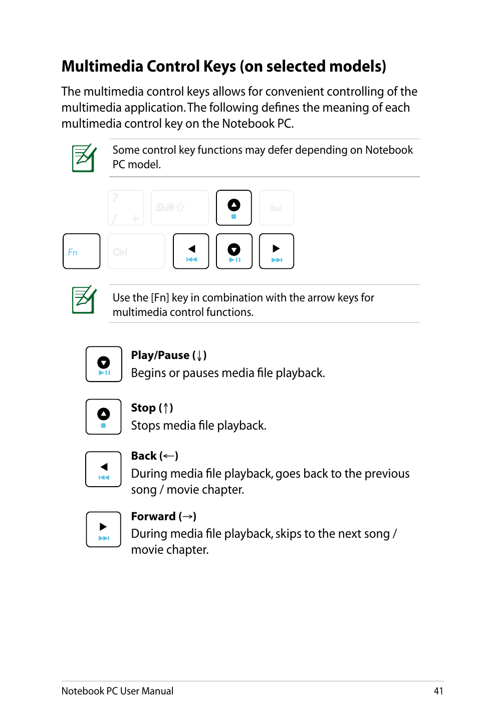 Multimedia control keys (on selected models) | Asus X24E User Manual | Page 41 / 100