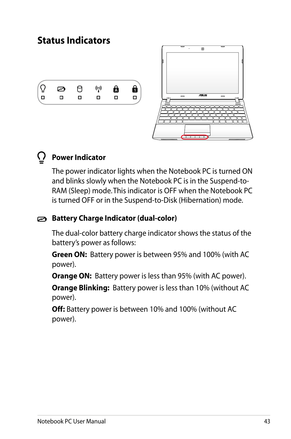 Status indicators | Asus X24E User Manual | Page 43 / 100