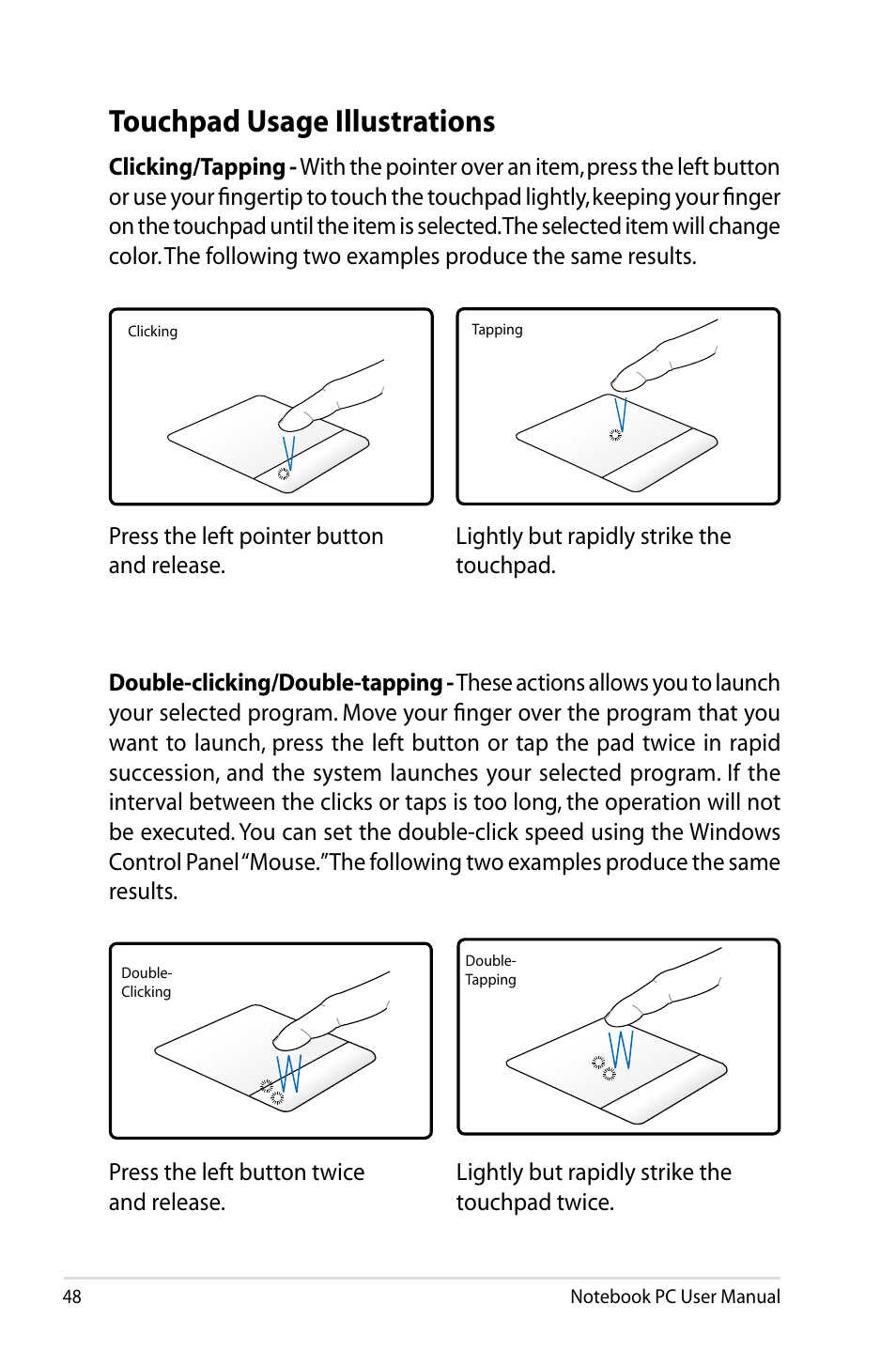 Touchpad usage illustrations | Asus X24E User Manual | Page 48 / 100