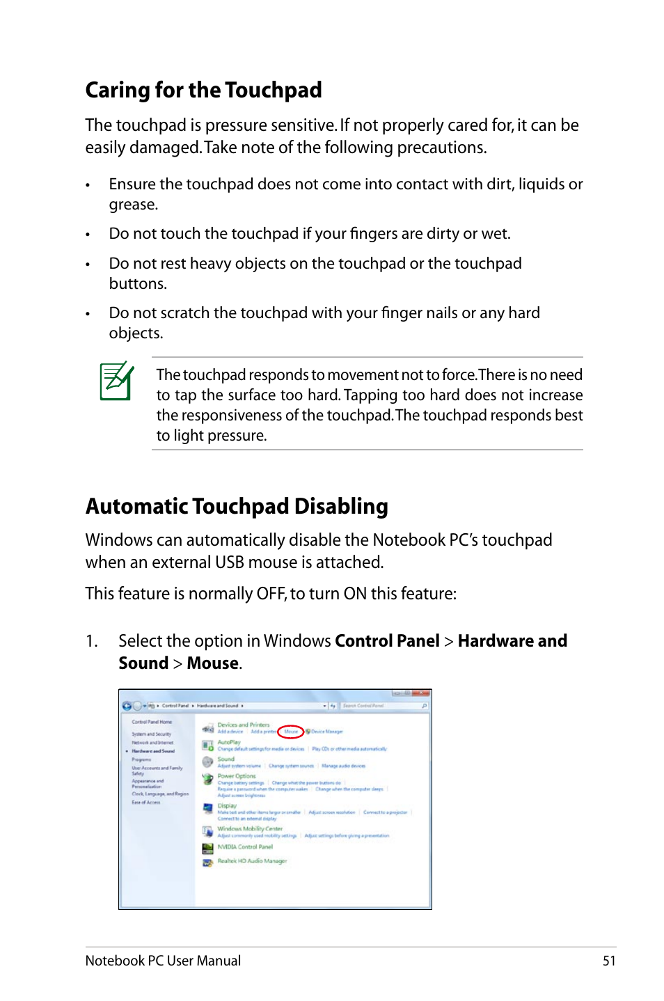 Caring for the touchpad, Automatic touchpad disabling | Asus X24E User Manual | Page 51 / 100