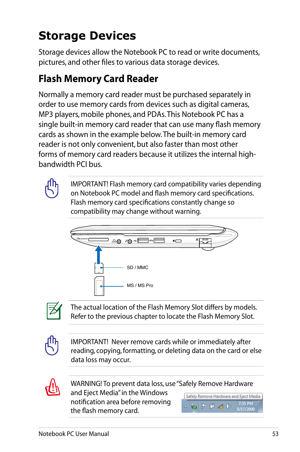 Storage devices, Flash memory card reader | Asus X24E User Manual | Page 53 / 100