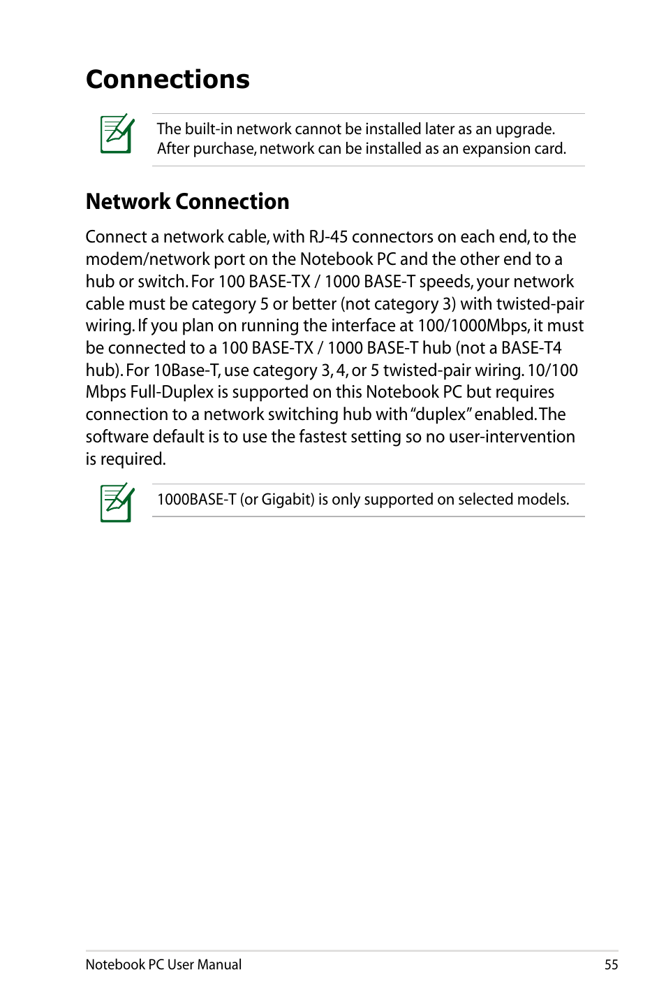 Connections, Network connection | Asus X24E User Manual | Page 55 / 100