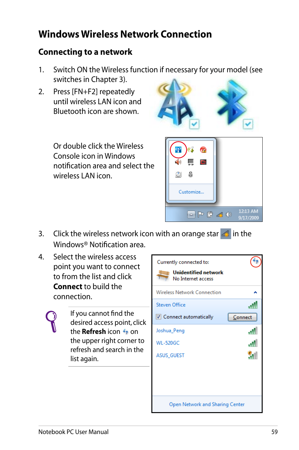 Windows wireless network connection | Asus X24E User Manual | Page 59 / 100