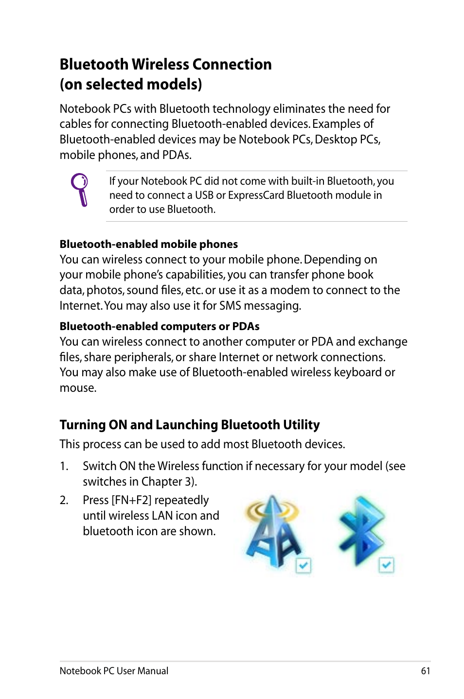 Bluetooth wireless connection(on selected models), Bluetooth wireless connection (on selected models) | Asus X24E User Manual | Page 61 / 100