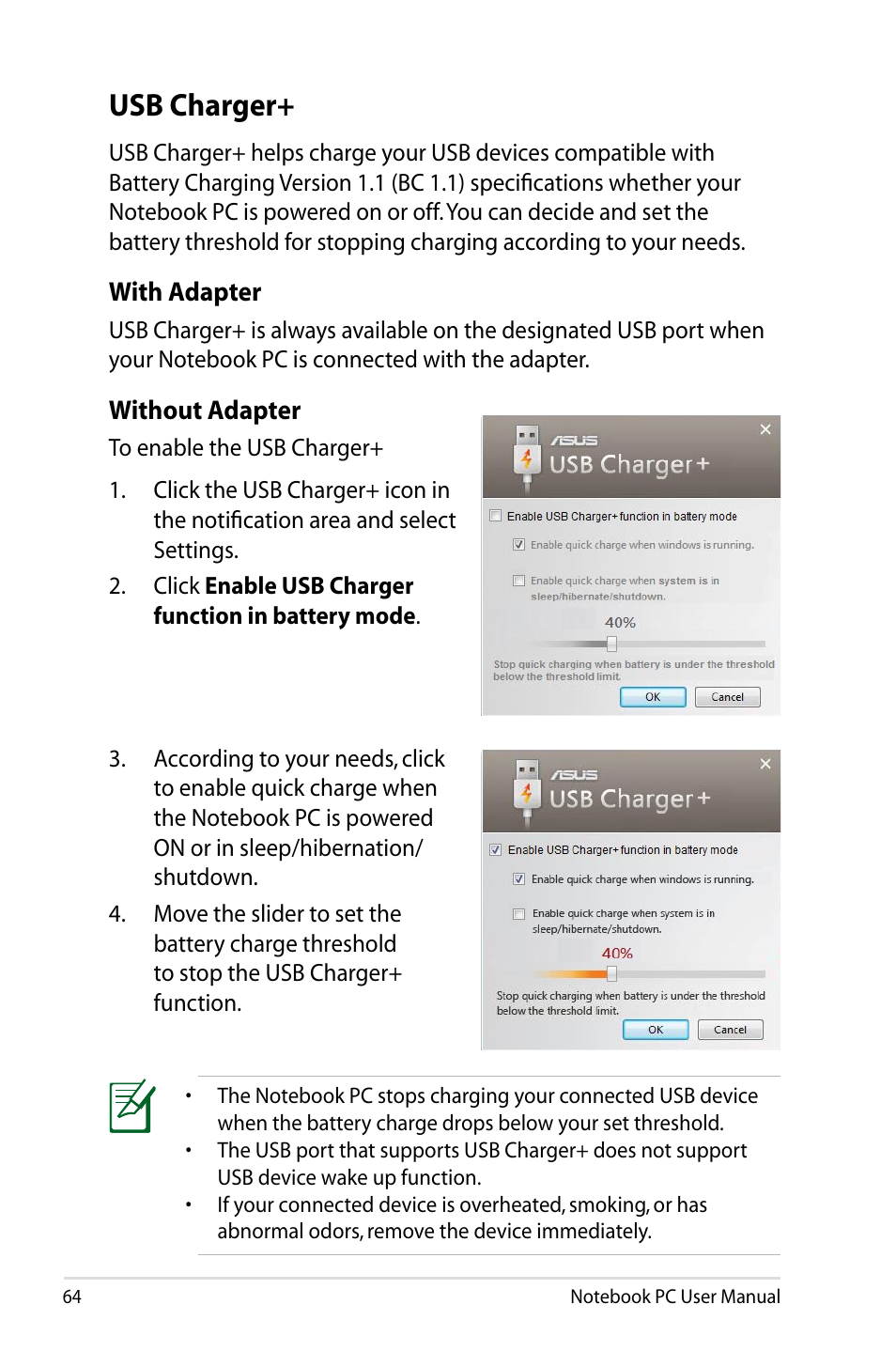 Usb charger | Asus X24E User Manual | Page 64 / 100