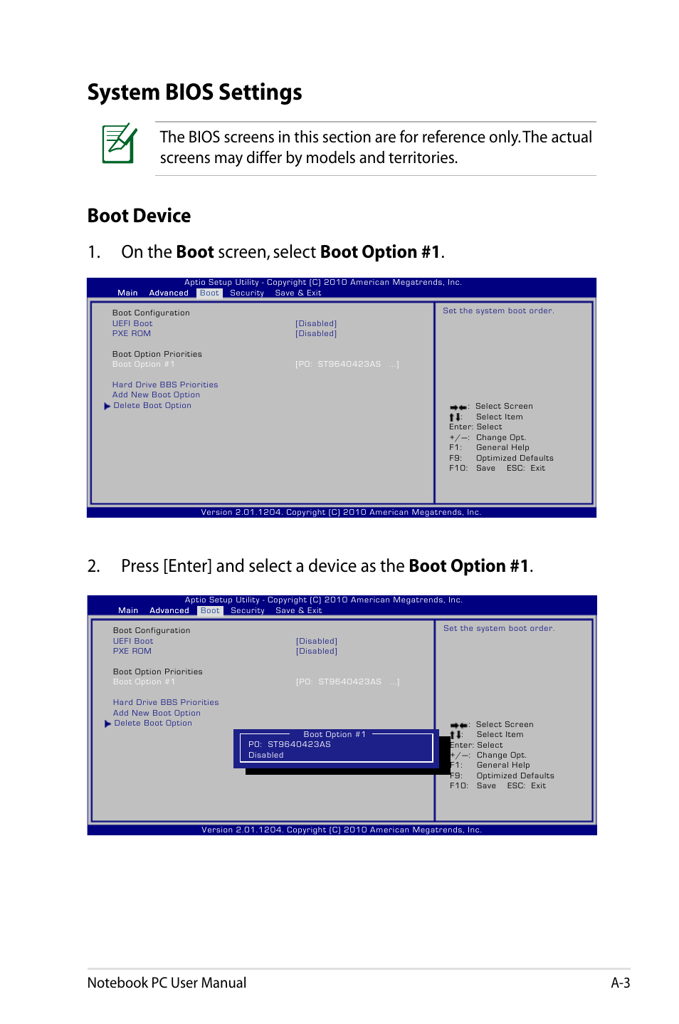 System bios settings, Boot device, On the boot screen, select boot option #1 | Asus X24E User Manual | Page 69 / 100