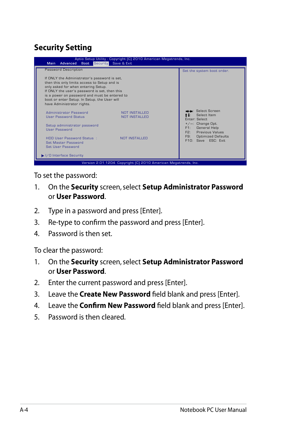 Security setting | Asus X24E User Manual | Page 70 / 100