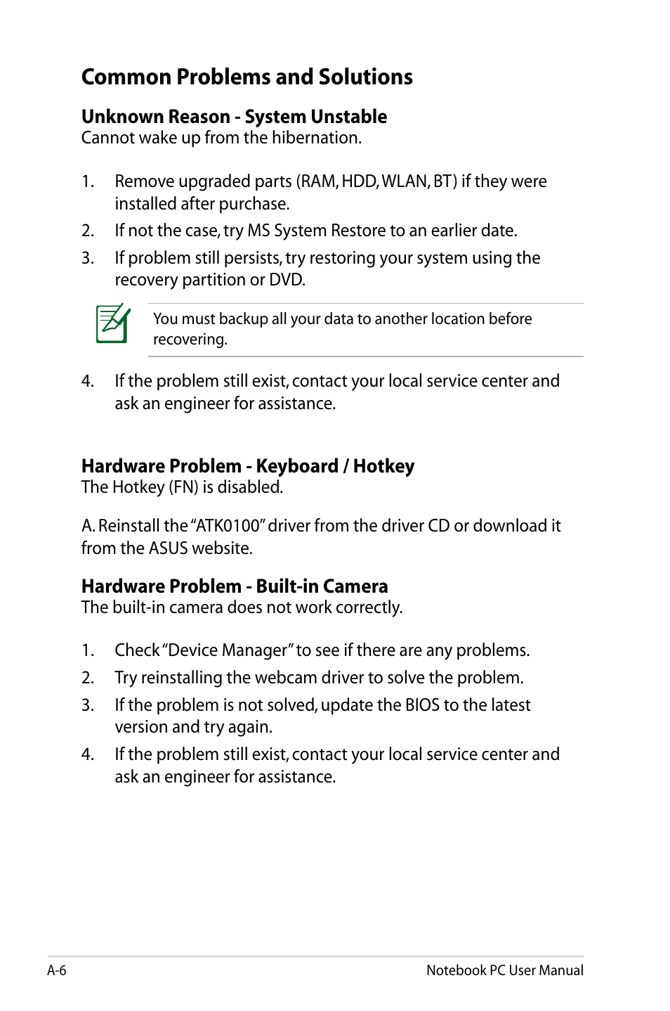 Common problems and solutions | Asus X24E User Manual | Page 72 / 100