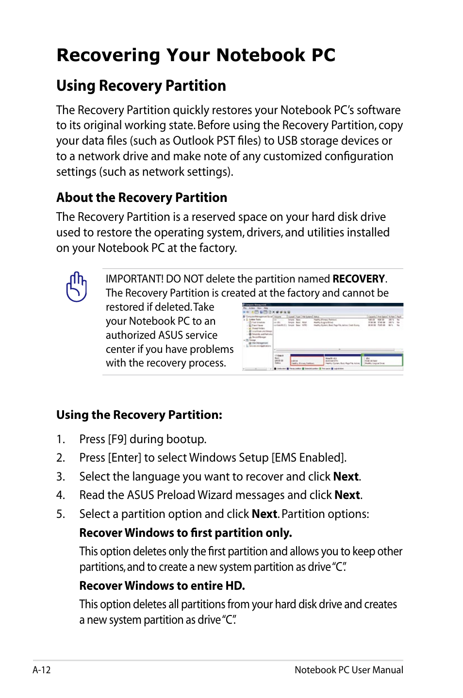 Recovering your notebook pc, Using recovery partition | Asus X24E User Manual | Page 78 / 100