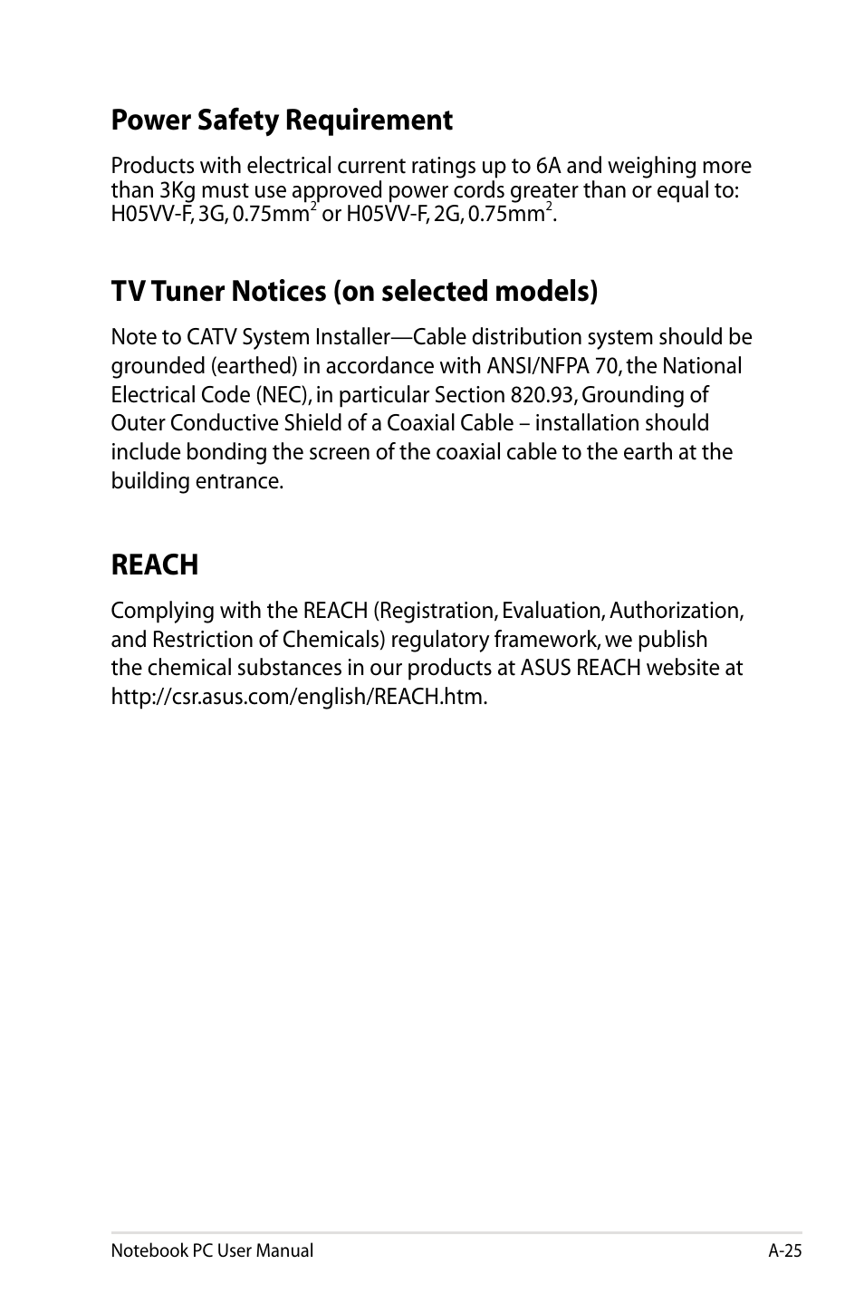 Power safety requirement, Tv tuner notices (on selected models), Reach | Asus X24E User Manual | Page 91 / 100