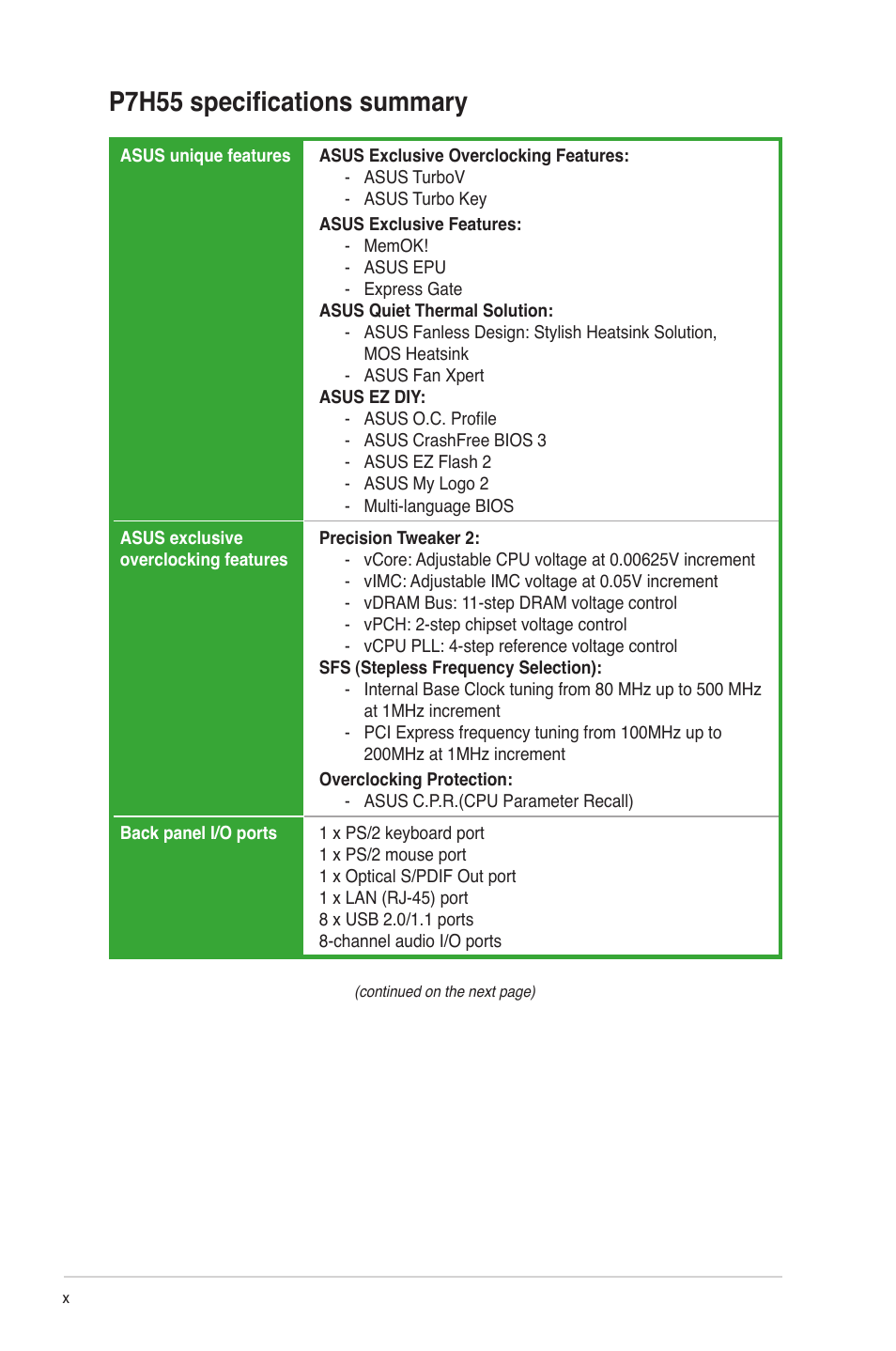 P7h55 specifications summary | Asus P7H55/USB3 User Manual | Page 10 / 66