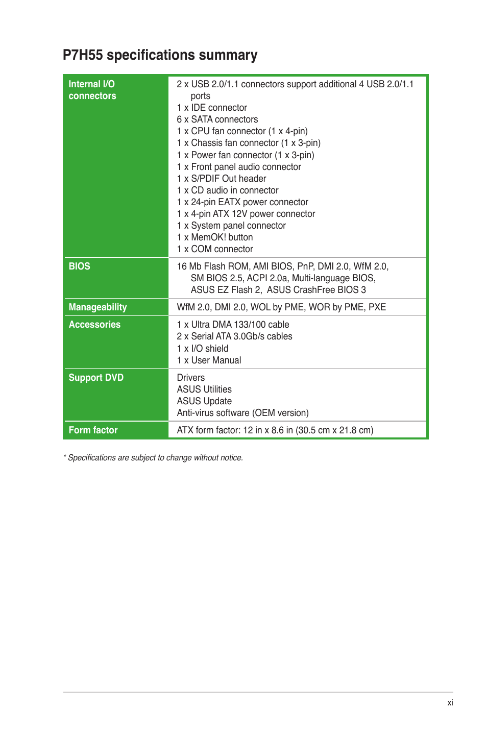 P7h55 specifications summary | Asus P7H55/USB3 User Manual | Page 11 / 66