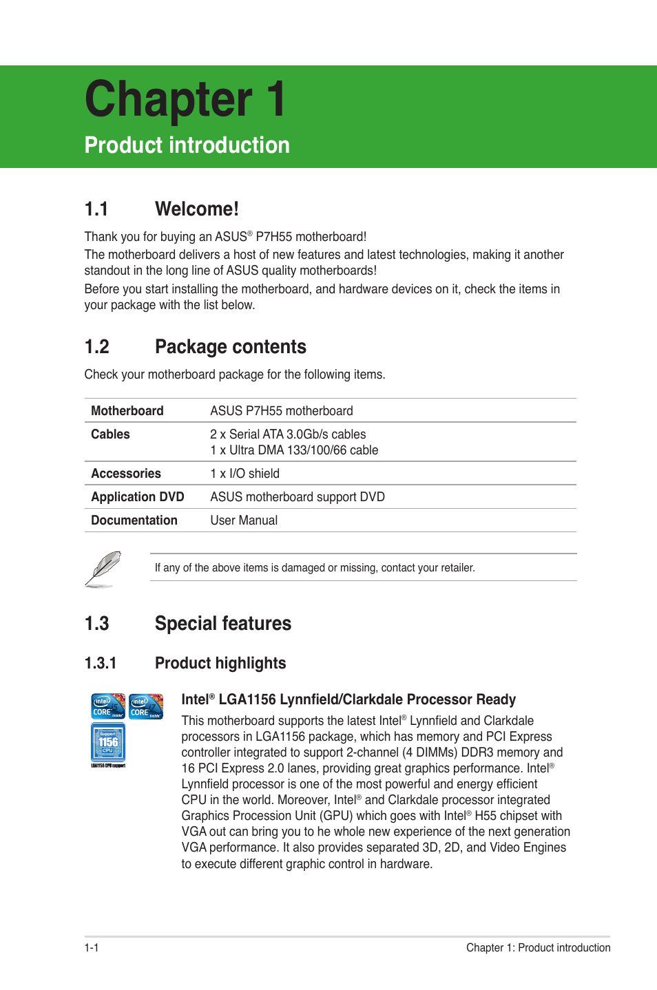 Product introduction, 1 welcome, 2 package contents | 3 special features, 1 product highlights, Welcome! -1, Package contents -1, Special features -1 1.3.1, Product highlights -1, Chapter 1 | Asus P7H55/USB3 User Manual | Page 12 / 66