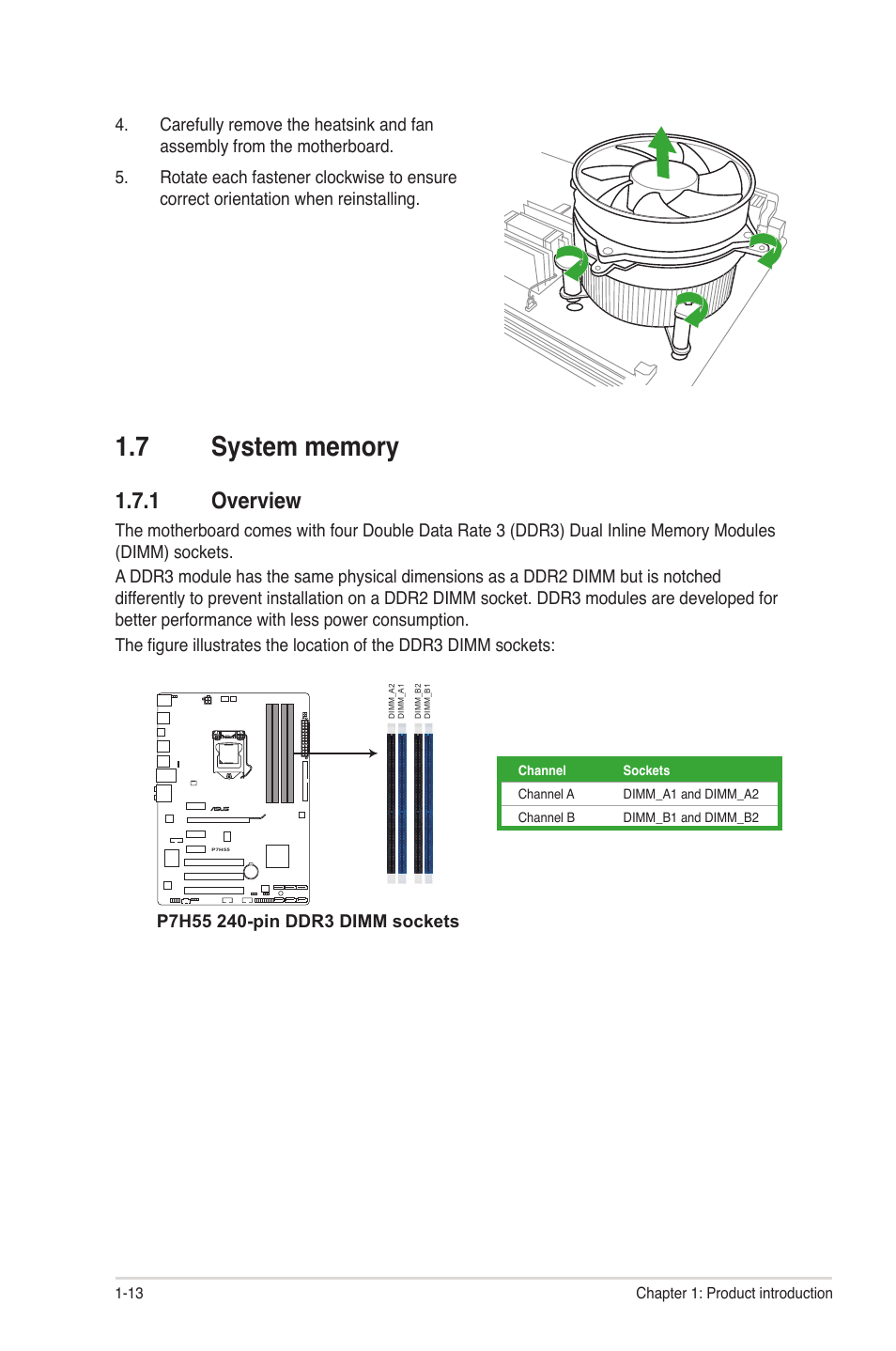 7 system memory, 1 overview, System memory -13 1.7.1 | Overview -13 | Asus P7H55/USB3 User Manual | Page 24 / 66