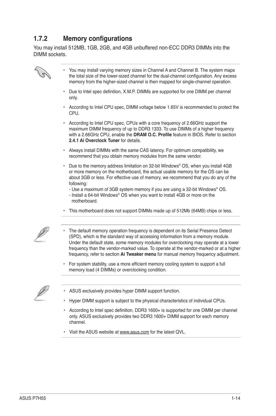 2 memory configurations, Memory configurations -14 | Asus P7H55/USB3 User Manual | Page 25 / 66