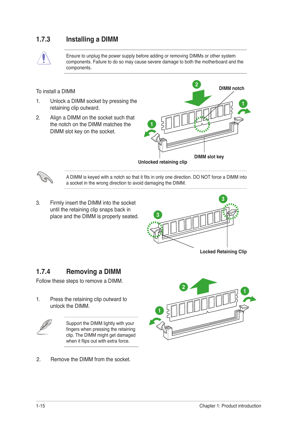 3 installing a dimm, 4 removing a dimm, Installing a dimm -15 | Removing a dimm -15 | Asus P7H55/USB3 User Manual | Page 26 / 66