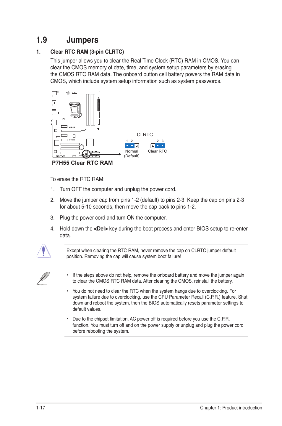 9 jumpers, Jumpers -17 | Asus P7H55/USB3 User Manual | Page 28 / 66