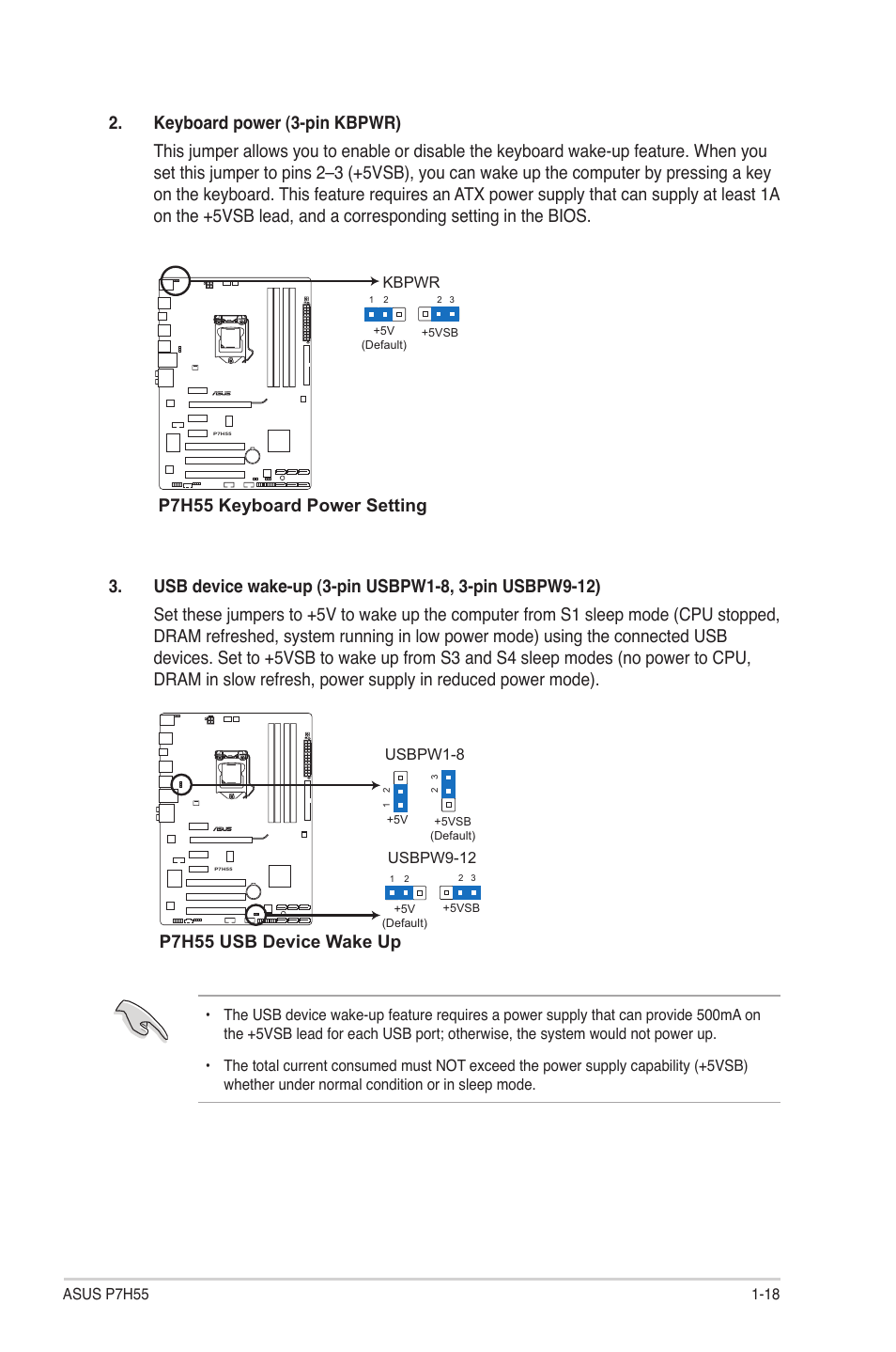 P7h55 keyboard power setting, P7h55 usb device wake up | Asus P7H55/USB3 User Manual | Page 29 / 66