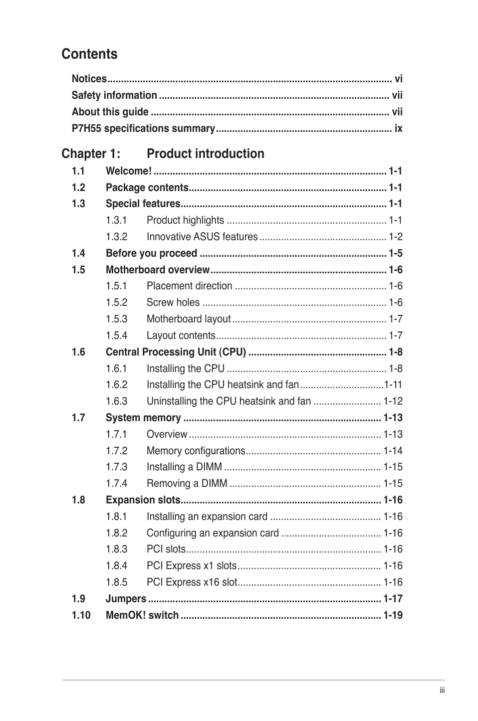 Asus P7H55/USB3 User Manual | Page 3 / 66