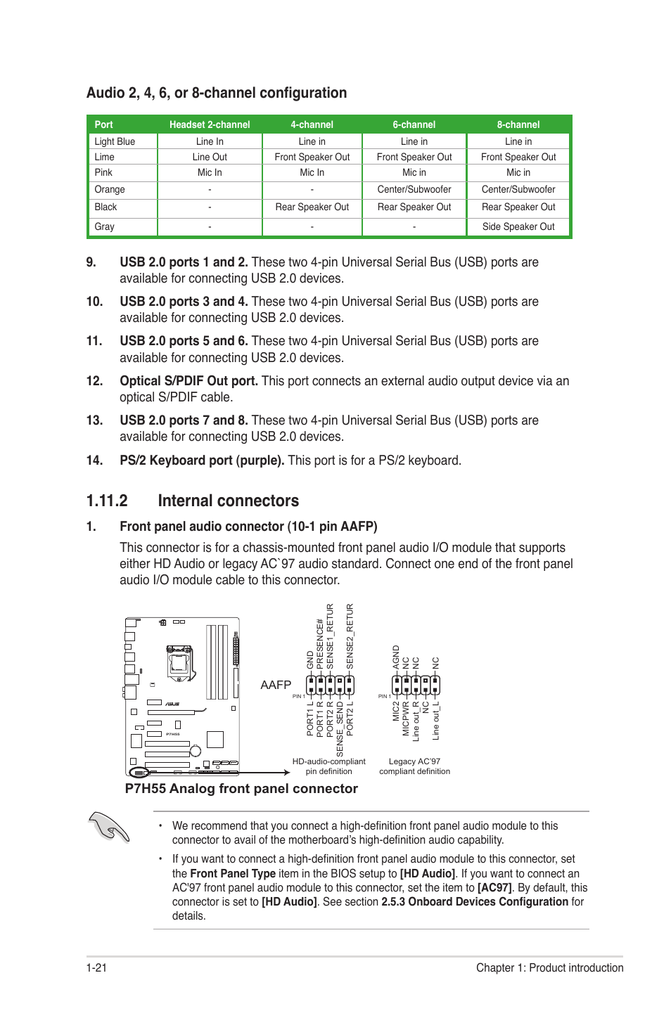 2 internal connectors, 2 internal connectors -21, Audio 2, 4, 6, or 8-channel configuration | P7h55 analog front panel connector | Asus P7H55/USB3 User Manual | Page 32 / 66