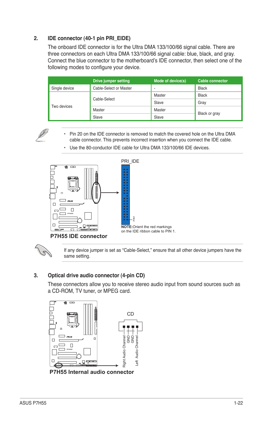 P7h55 ide connector, P7h55 internal audio connector | Asus P7H55/USB3 User Manual | Page 33 / 66