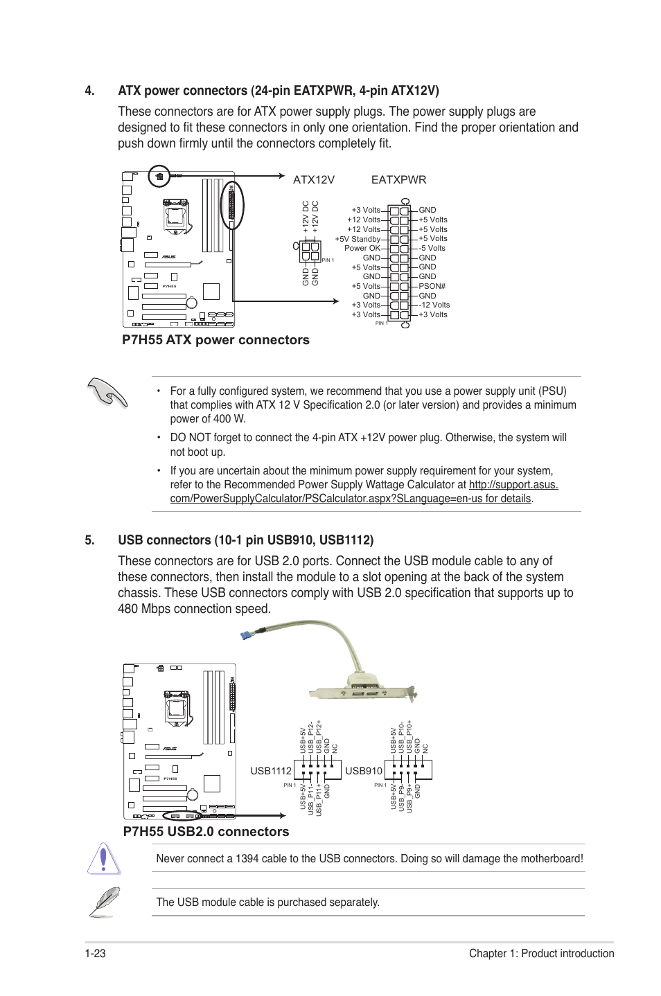 P7h55 atx power connectors, Eatxpwr, Atx12v | Asus P7H55/USB3 User Manual | Page 34 / 66