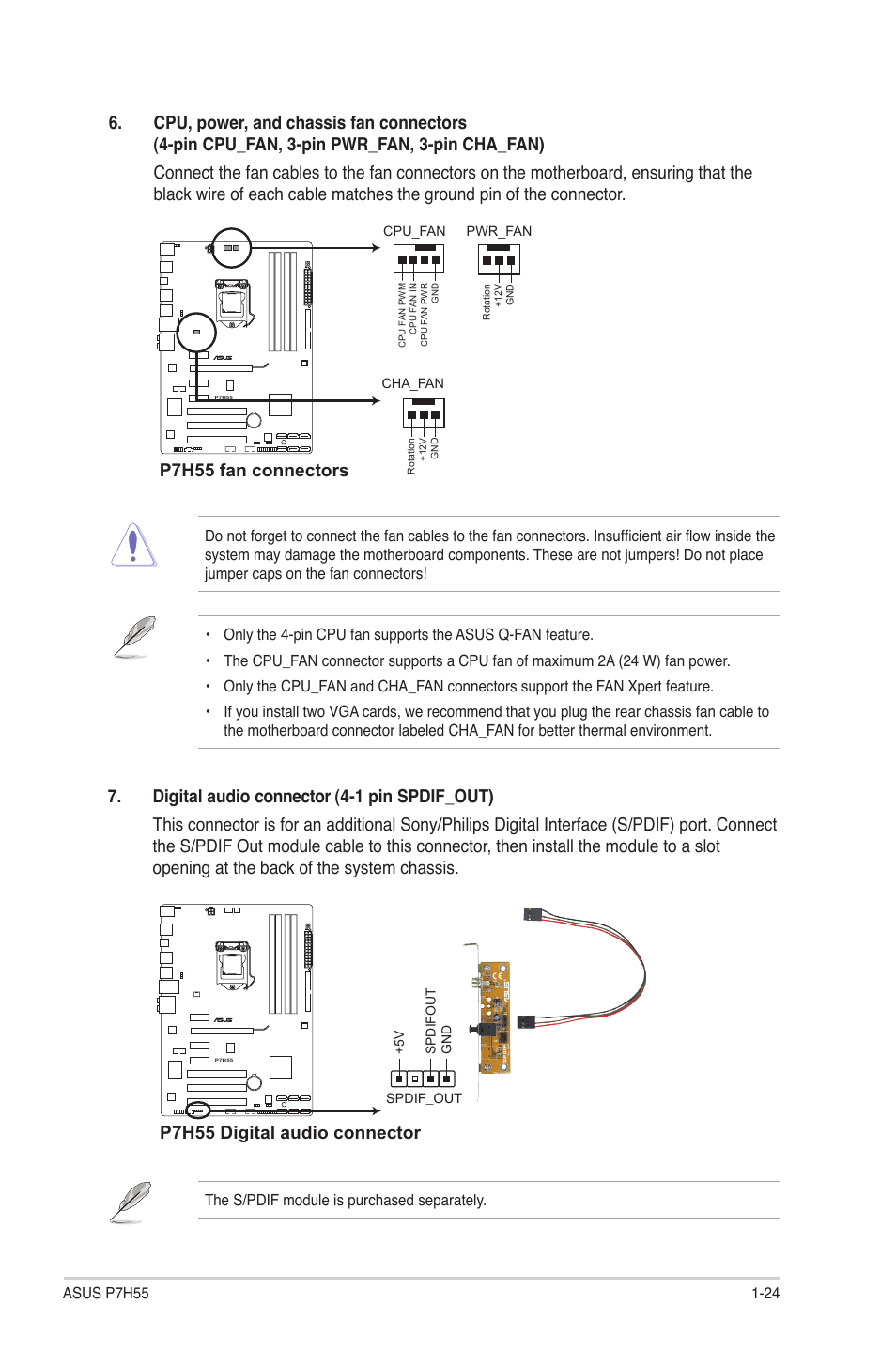 P7h55 fan connectors, P7h55 digital audio connector | Asus P7H55/USB3 User Manual | Page 35 / 66