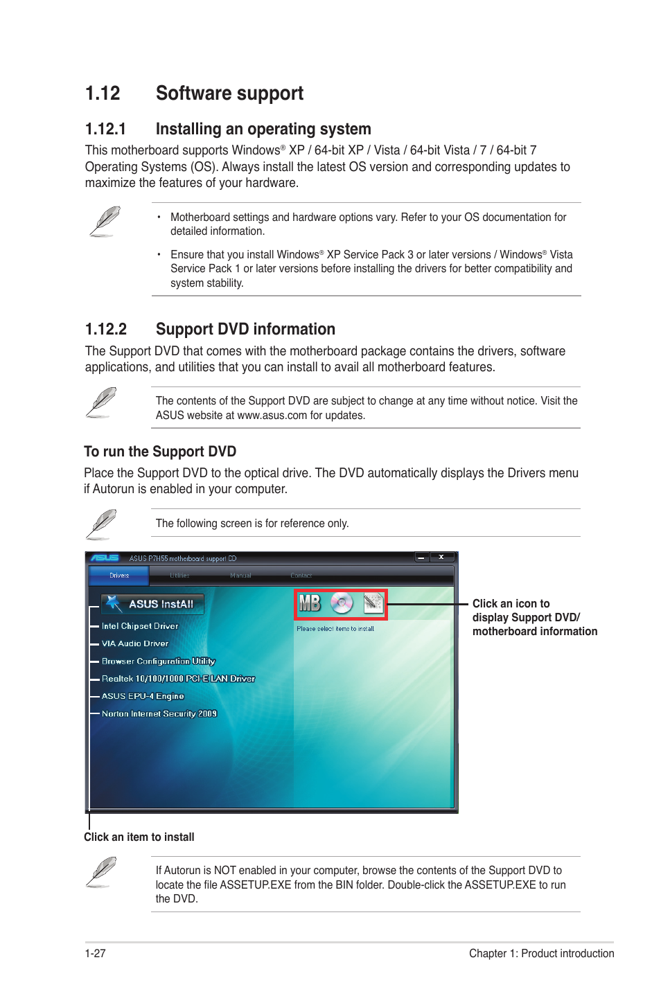 12 software support, 1 installing an operating system, 2 support dvd information | 12 software support -27 | Asus P7H55/USB3 User Manual | Page 38 / 66