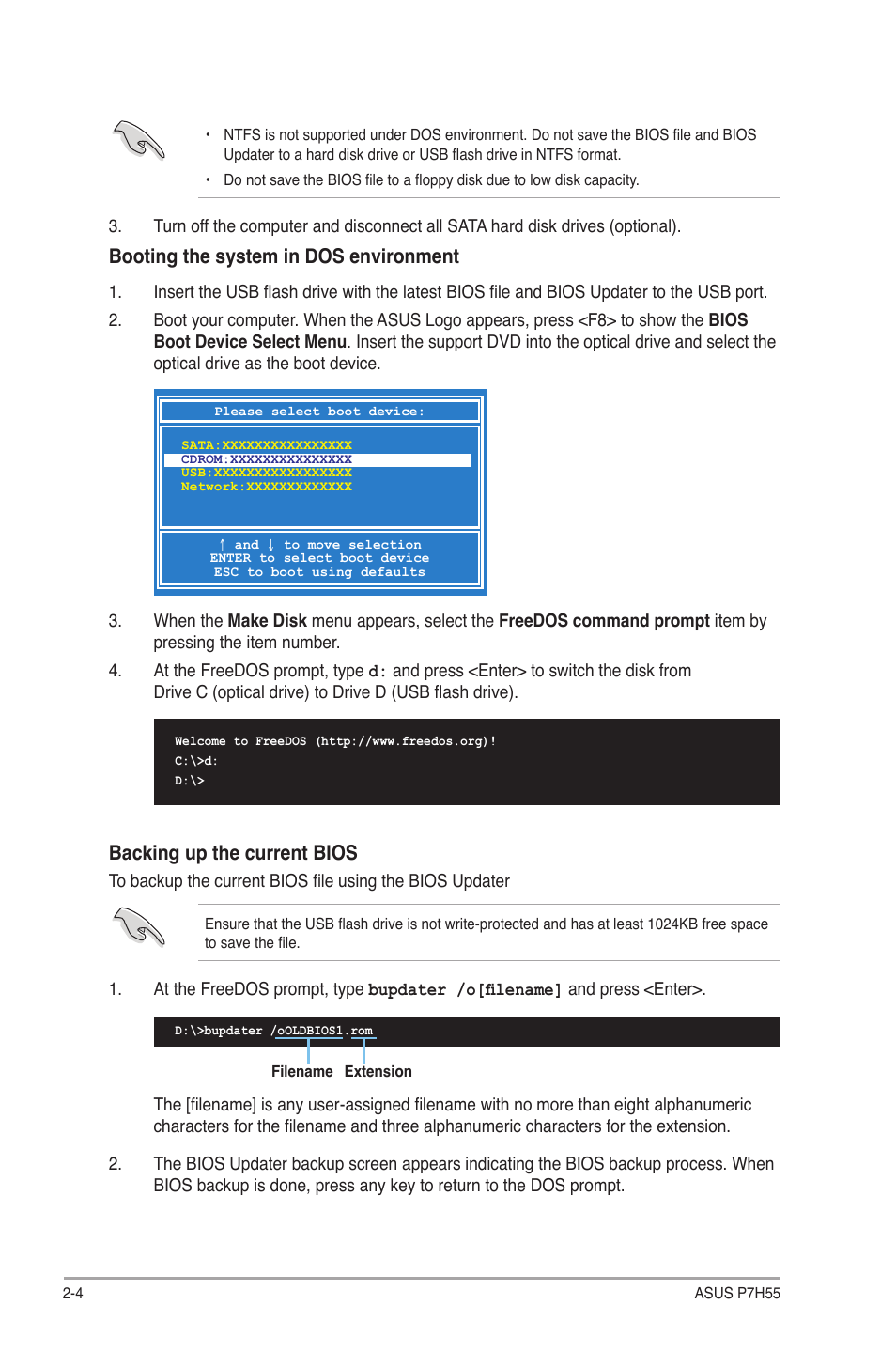 Booting the system in dos environment, Backing up the current bios | Asus P7H55/USB3 User Manual | Page 42 / 66