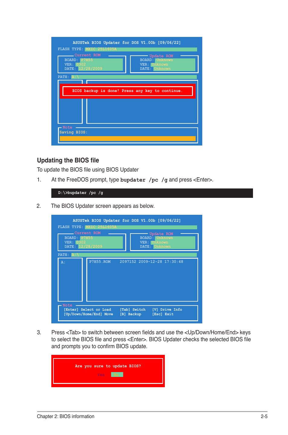 Updating the bios file | Asus P7H55/USB3 User Manual | Page 43 / 66