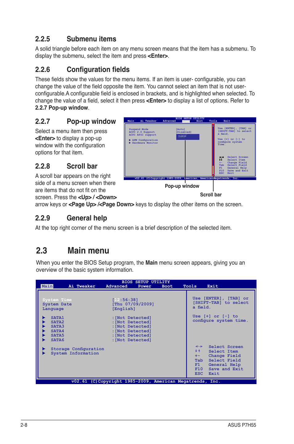 5 submenu items, 6 configuration fields, 7 pop-up window | 8 scroll bar, 9 general help, 3 main menu, Submenu items -8, Configuration fields -8, Pop-up window -8, Scroll bar -8 | Asus P7H55/USB3 User Manual | Page 46 / 66