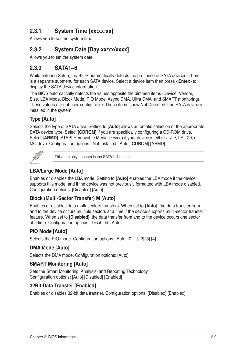 1 system time [xx:xx:xx, 2 system date [day xx/xx/xxxx, 3 sata1~6 | System time -9, System date -9, Sata1~6 -9 | Asus P7H55/USB3 User Manual | Page 47 / 66