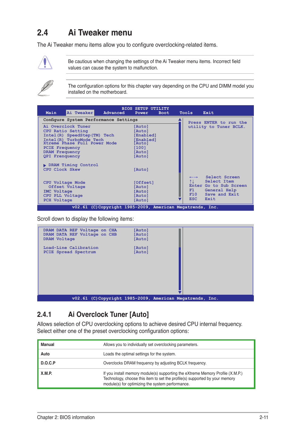 4 ai tweaker menu, 1 ai overclock tuner [auto, Ai tweaker menu -11 2.4.1 | Ai overclock tuner -11, Scroll down to display the following items | Asus P7H55/USB3 User Manual | Page 49 / 66