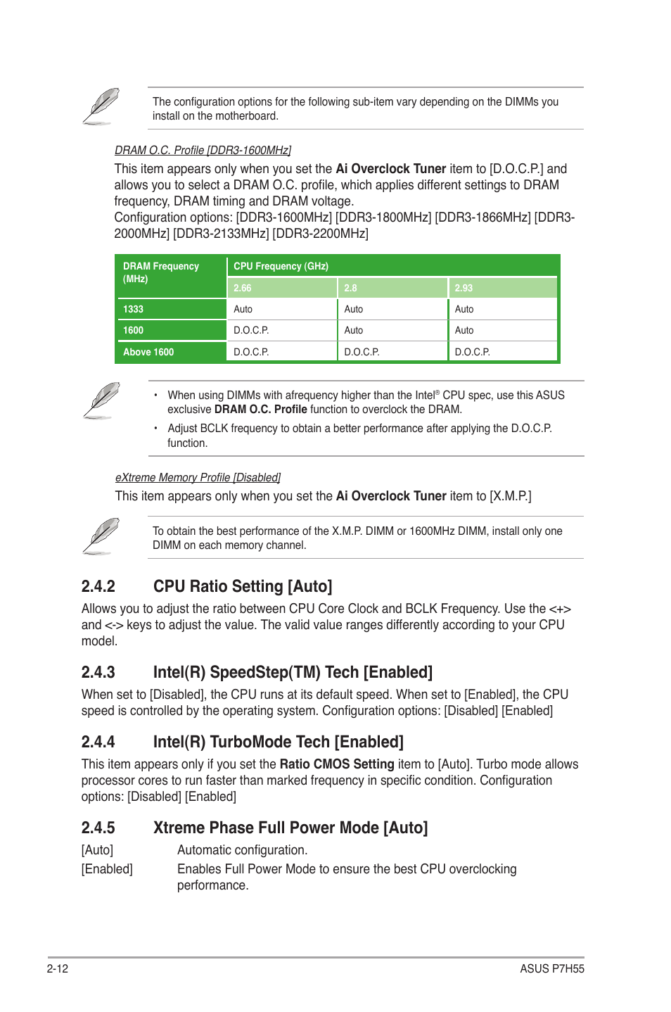 2 cpu ratio setting [auto, 3 intel(r) speedstep(tm) tech [enabled, 4 intel(r) turbomode tech [enabled | 5 xtreme phase full power mode [auto, Cpu ratio setting -12, Intel(r) speedstep(tm) tech -12, Intel(r) turbomode tech -12, Xtreme phase full power mode -12 | Asus P7H55/USB3 User Manual | Page 50 / 66