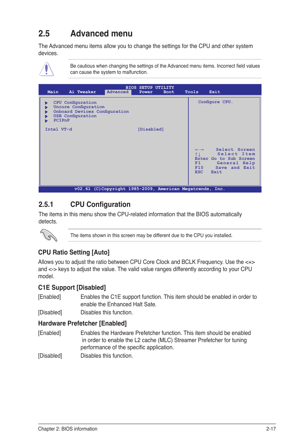 5 advanced menu, 1 cpu configuration, Advanced menu -17 2.5.1 | Cpu configuration -17, Cpu ratio setting [auto, C1e support [disabled, Hardware prefetcher [enabled | Asus P7H55/USB3 User Manual | Page 55 / 66